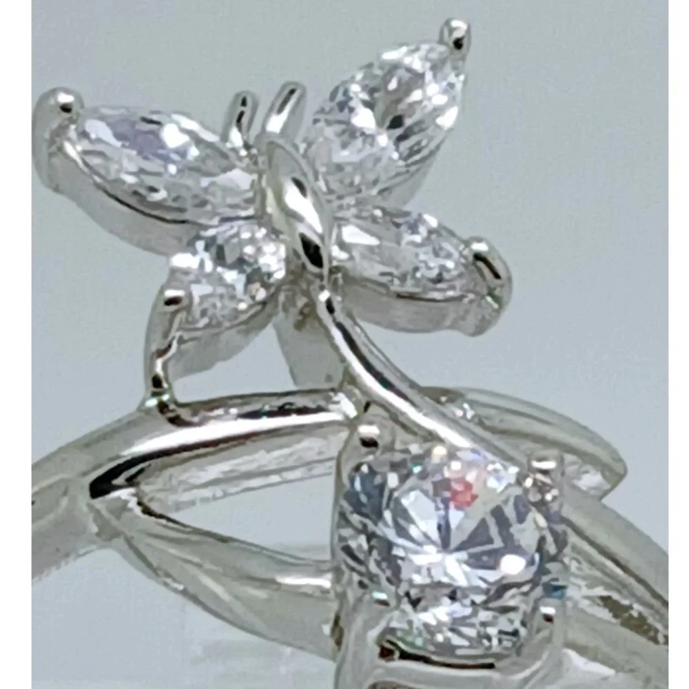 Vintage 1990s‎ Butterfly Bypass Ring Silver Tone Marquise Round Stones Size 7.5